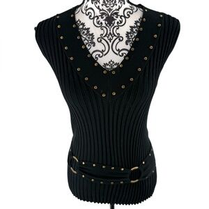 Tracy M. Petite Studded Ribbed Knit Tank Top Black Gold Belted Y2K Glam Rocker M